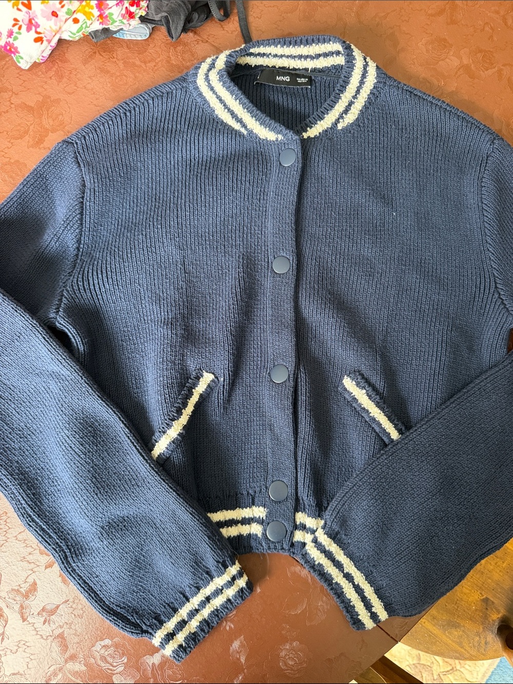 EUC mango blue varsity cardigan XS
